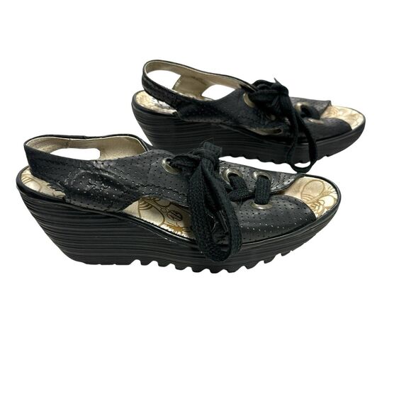 Fly London Ylva Black Platform Wedge Lace-Up Peep Toe Shoes Sandals Sz 38 - Picture 1 of 9